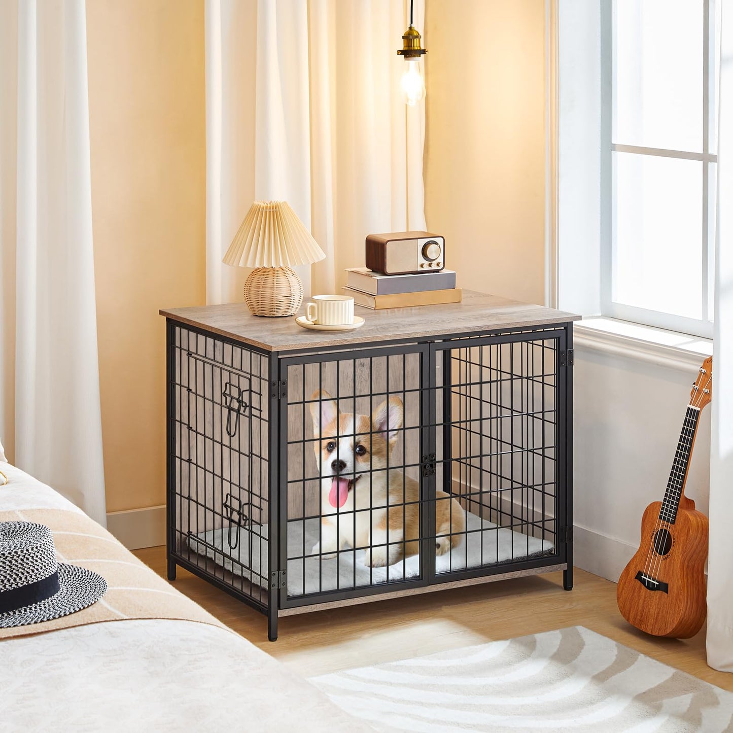 MAHANCRIS Dog Crate Furniture with Cushion, Wooden Dog Kennel with Double Doors, Heavy Duty Dog Cage for Small/Medium/Large Dogs, Indoor Dog House End Table, 31.5" L, Greige DCHG0701 - WoodArtSupply