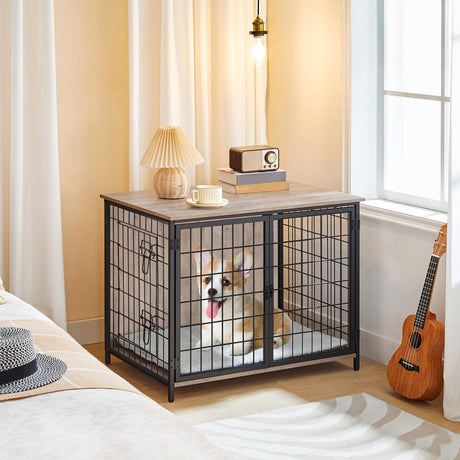 MAHANCRIS Dog Crate Furniture with Cushion, Wooden Dog Kennel with Double Doors, Heavy Duty Dog Cage for Small/Medium/Large Dogs, Indoor Dog House End Table, 31.5" L, Greige DCHG0701 MAHANCRIS