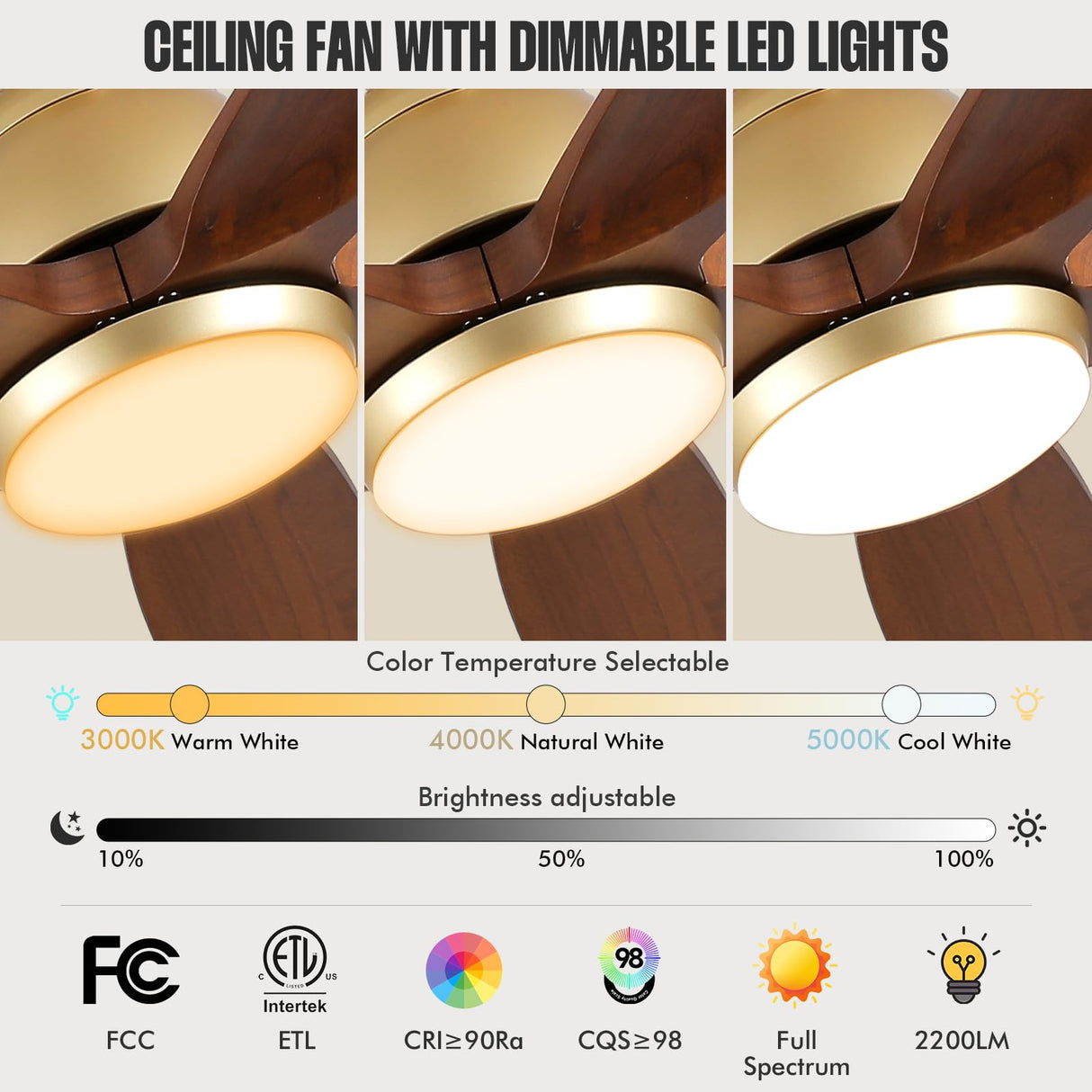 52 Inch Outdoor Ceiling Fans for Patios with Light, Large Airflow Ceiling Fan Indoor Exterior Ceiling Fan Damp Rated, Rustic Wood Ceiling Fan Gold for House Porch Gazebo Commercial, Quiet DC Motor YZEENM