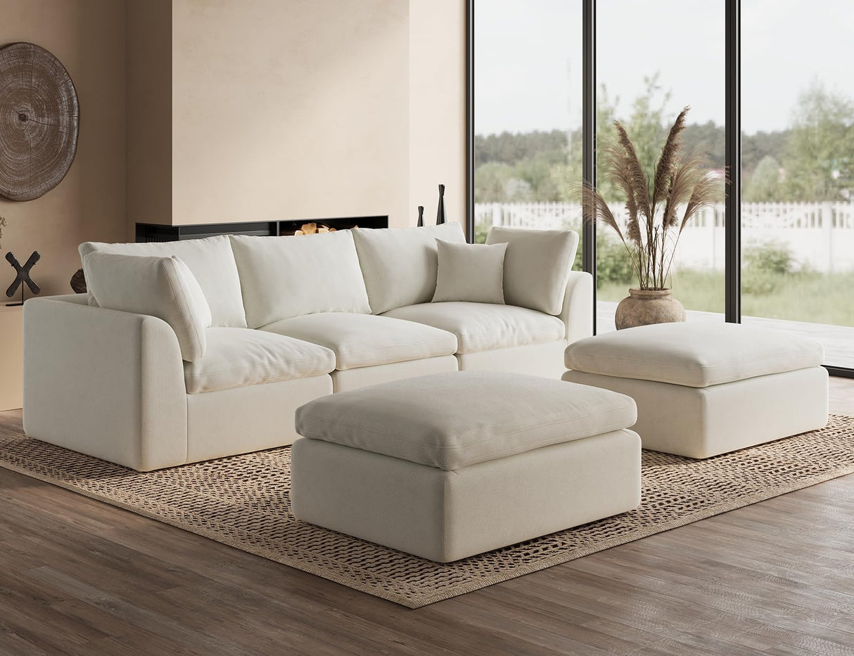 ohllob 110" Cloud Sectional Couches for Living Room, Boneless U Shaped Couch with Ottoman, 3 Seater Modular Sectional Sofa, Warm White ohllob