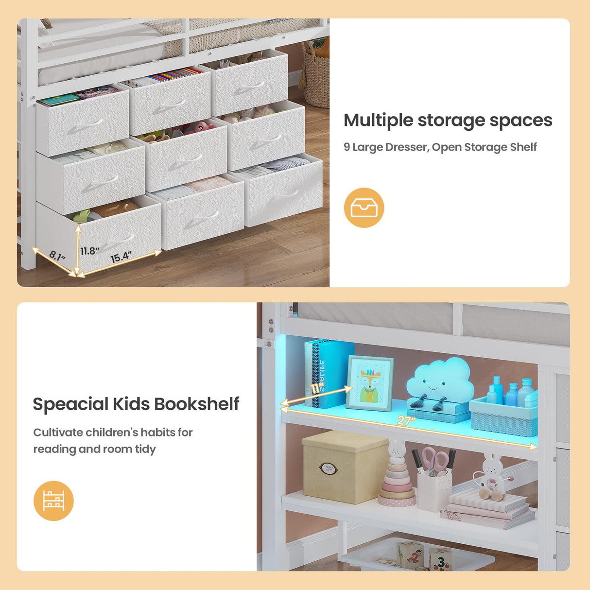 BTHFST Twin Loft Bed for Kids, Low Loft Bed Twin Size with 9 Storage Dresser, LED Lights, 2 Storage Shelves & Stairs, Metal White Bed with Safety Guardrail for Young Teens, Space Saving, White BTHFST