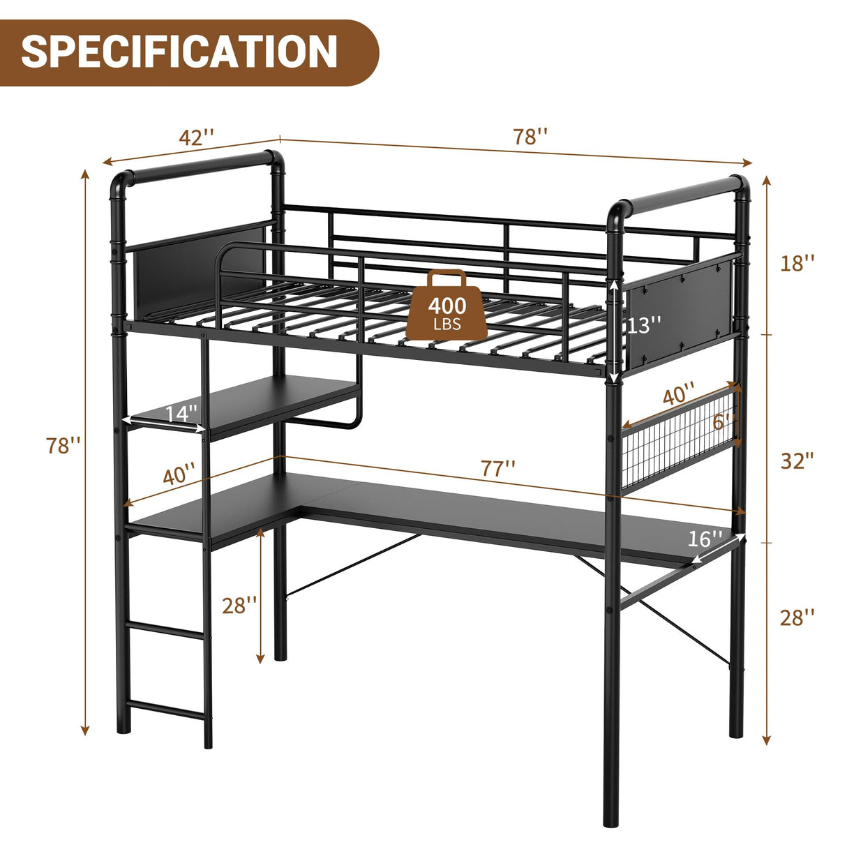 GarveeHome Loft Bunk Bed with L-Shaped Desk,Twin Loft Bed with Desk Underneath,Metal Bunk Beds with High Guardrail and Ladder for Kids/Teens/Adults,Easy Assembly, Vintage Black GarveeHome
