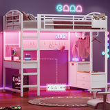 UPOSOJA Loft Bed Twin Size with Desk,4 Drawers,Power Outlet and LED Lighted,Cloth Rack,1 Storage Hamper,45.3" Pegboard with Hooks,No Box Spring Needed,Space-Saving,Noise Free (White) UPOSOJA