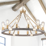 YongMing CL Farmhouse Wagon Wheel Chandelier 31" Gold Wooden Chandelier 12-Light Rustic Pendant Light Fixture for Dining Room Living Room Entryway Foyer YongMing CL
