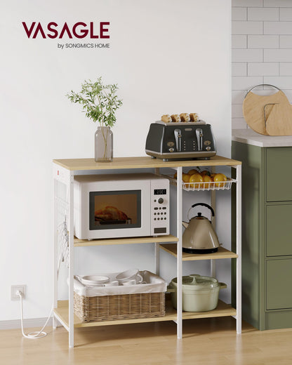 VASAGLE Baker's Rack, Coffee Bar Stand with Charging Station, Storage Shelves, Pull-Out Wire Basket, Table for Microwave, Kitchen, Oak Beige UKKS036Y09, 15.7 x 35.4 x 35.6 Inches