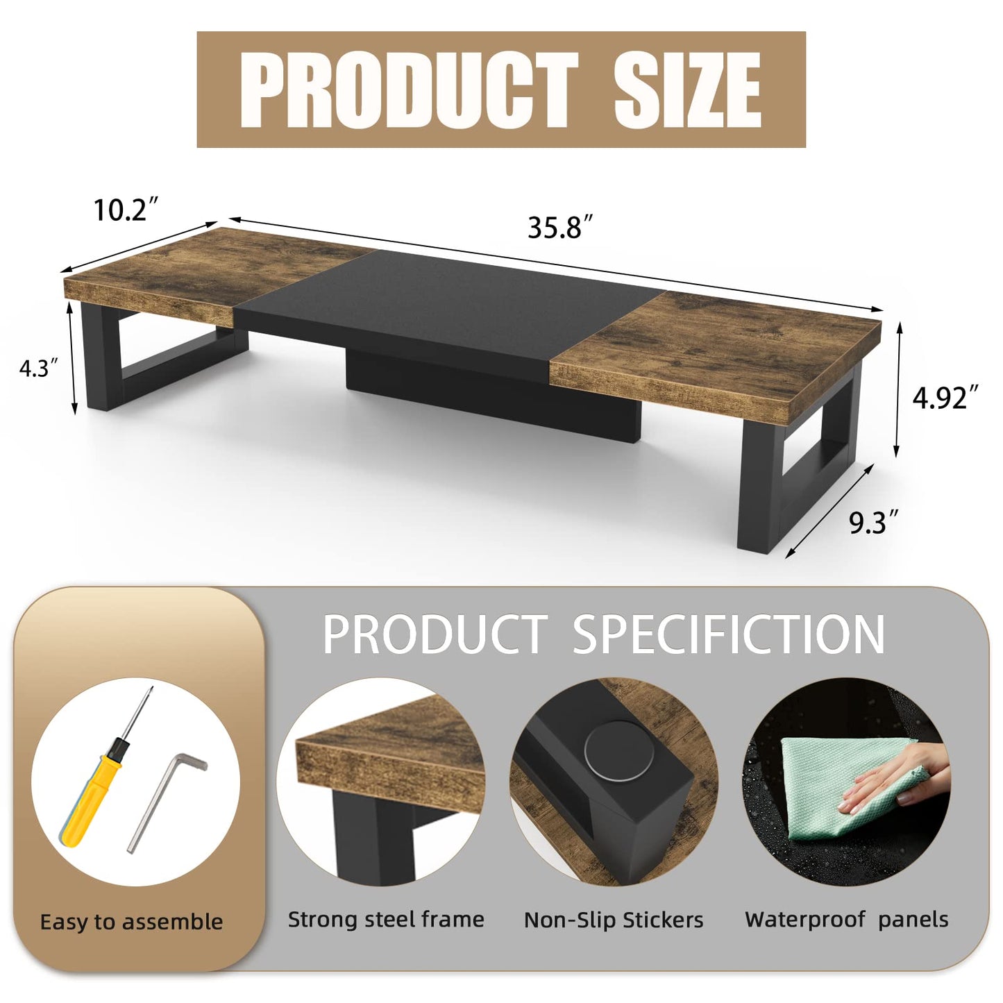 WESTREE Dual Monitor Stand Riser, Wood and Steel Monitor Stand Riser, Computer Monitor Stand for 2 Monitors, Multi-Purpose Desktop Storage Stand for Computer,Laptop,Printer,TV