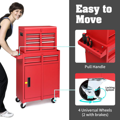 Winado 4-Drawer Rolling Tool Chest with Wheels & Lock, Tool Box with Large Storage Cabinet and Adjustable Shelf, Removable Portable Top Box for Garage, Warehouse, Factory (Red) Winado