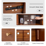 Giantex Bamboo TV Stand for TVs up to 65”, PE Rattan Media Console with Sliding Doors, Drawers & Open Shelves, 5 Solid Wood Legs, 2 Cable Holes, Entertainment Center for Living Room, Bedroom, Walnut Giantex