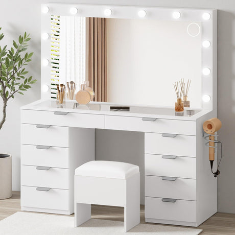 DWVO Vanity Desk Set with Mirror & Power Outlets, Vanity Table with Stool, 12 LED Bulbs, 3 Dimmable Light Colors, 10 Drawers, Hair Dryer Rack & Magnifying Mirror DWVO