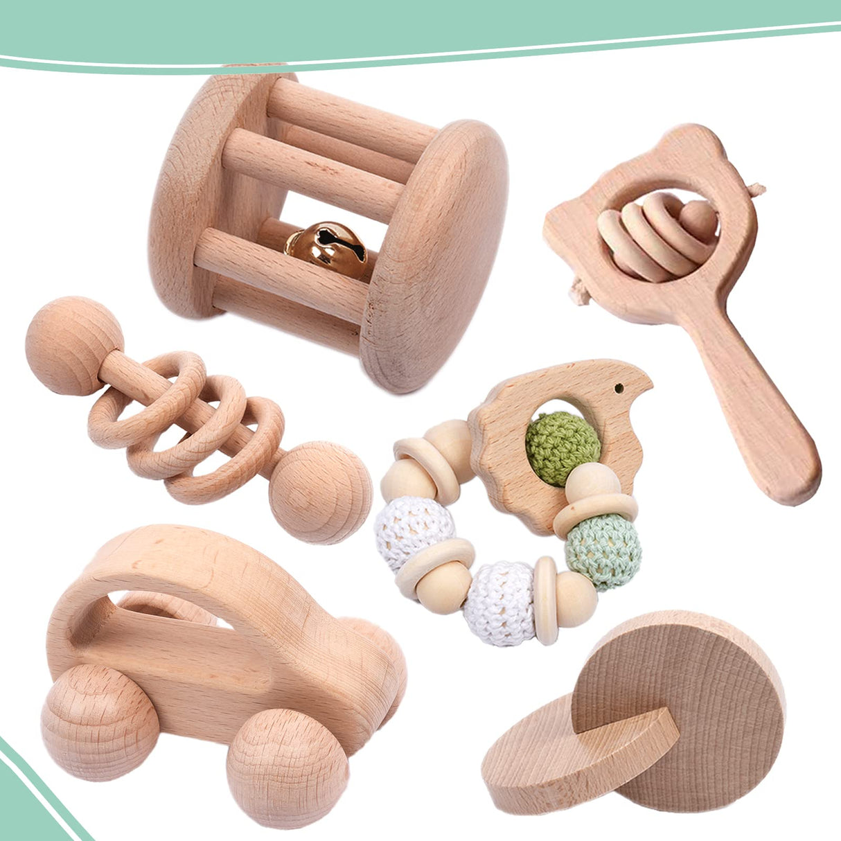 6 Pieces Toy Set- Wooden Baby Toys for Babies 0-6 Months,Wooden Toys for Babies Rattles with Bells,Wooden Rattles Push Car,Wood Teething Toys Gifts for Boys Girls,Montessori Toys for Babies 0-6 Months YunHe XinQiao Toys Factory