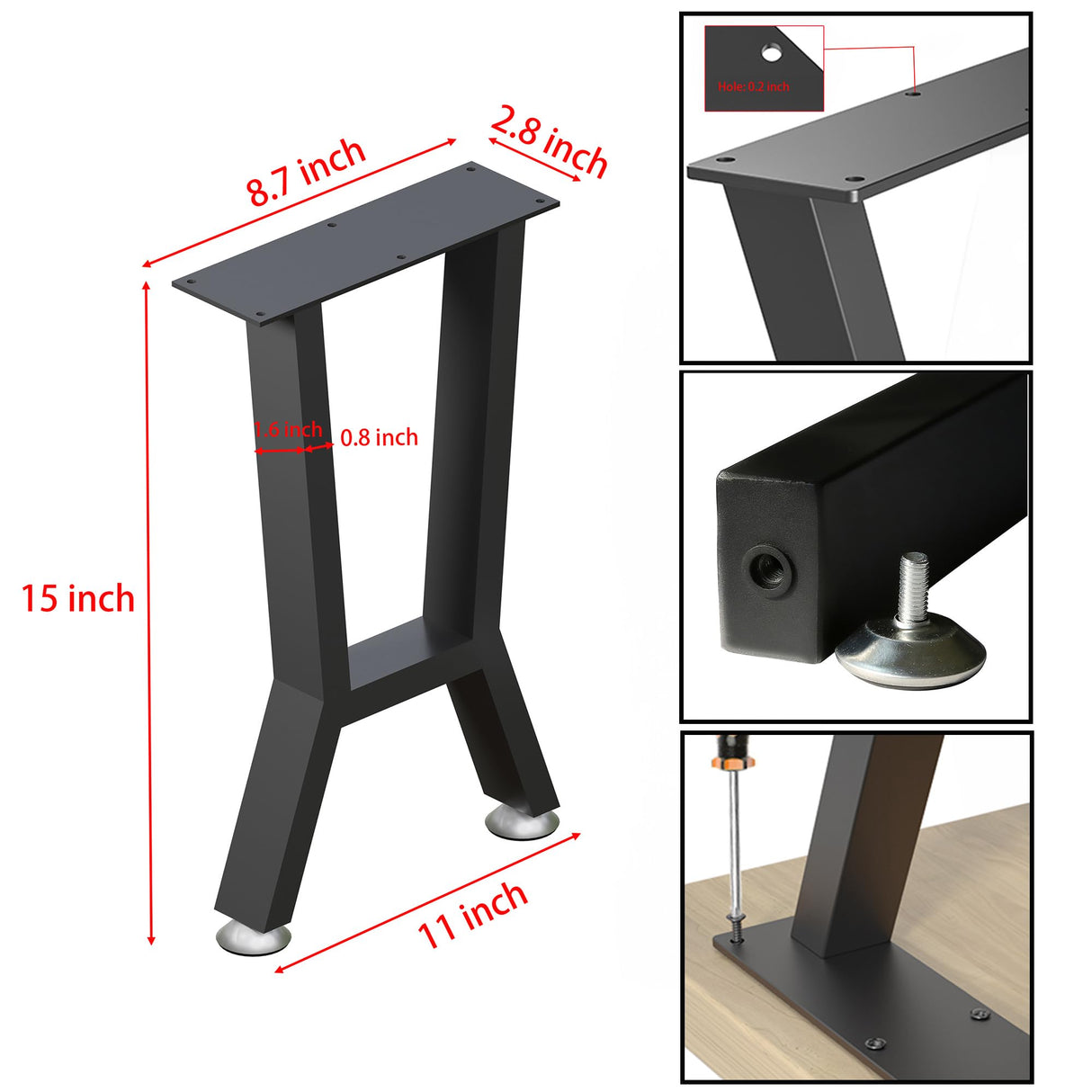 YCCO Bench Legs Black Metal,Coffee Table Legs 15 Inch,End Table Leg,Metal Desk Legs for Table,Heavy Duty Furniture Legs,Patas Para Mesa-Easy Install with Adjustable Feet,DIY Legs (H15 x W11, Set of 2) YCCO