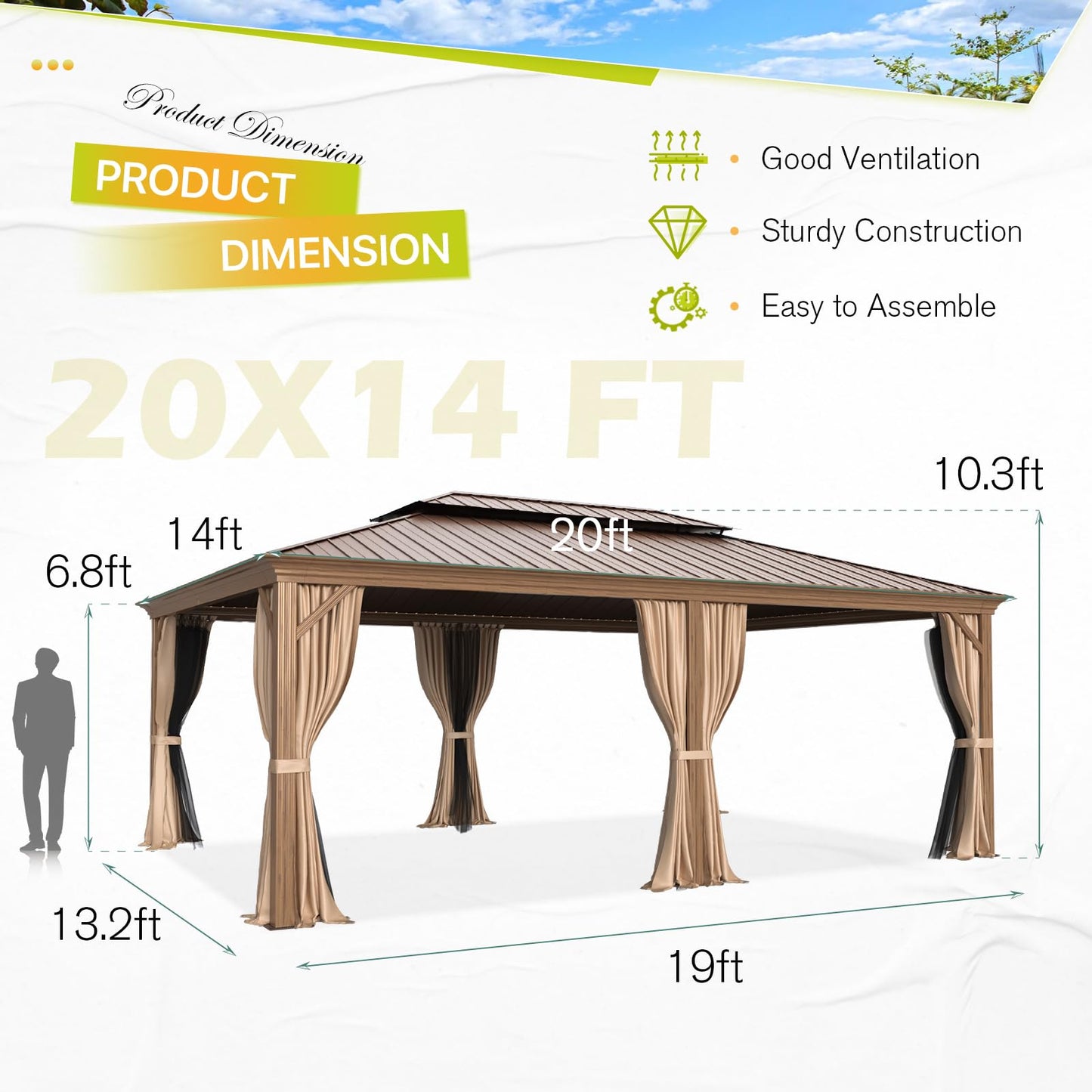 EROMMY 14' x 20' Hardtop Gazebo, Wooden Finish Coated Aluminum Frame Canopy with Double Galvanized Steel Roof, Outdoor Permanent Metal Pavilion with - WoodArtSupply