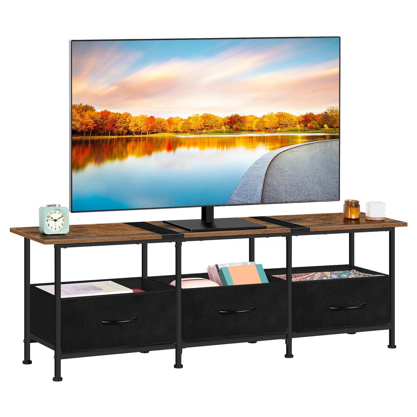 TV Stand for 55 Inch TV, Modern Entertainment Center with 3 Fabric Drawers for 50/55/60 inch and Open Storage Shelf, Industrial TV Stands Media Console Table for Living Room and Bedroom, Brown