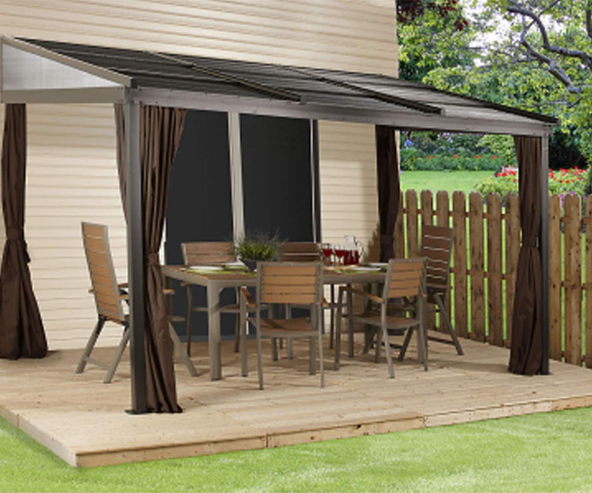 Sojag 10' x 12' Francfort Wall-Mounted Hardtop Gazebo Outdoor Weather-Resistant Aluminum Frame Sun Shelter Black,Brown - WoodArtSupply