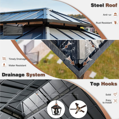 YOLENY 12' x 16' Ultra-Thick Faux Wood Grain Aluminum Frame Hardtop Gazebo, Vertical Stripe Galvanized Steel Double Roof, Outdoor Patio Gazebo Pergolas with Netting and Curtains