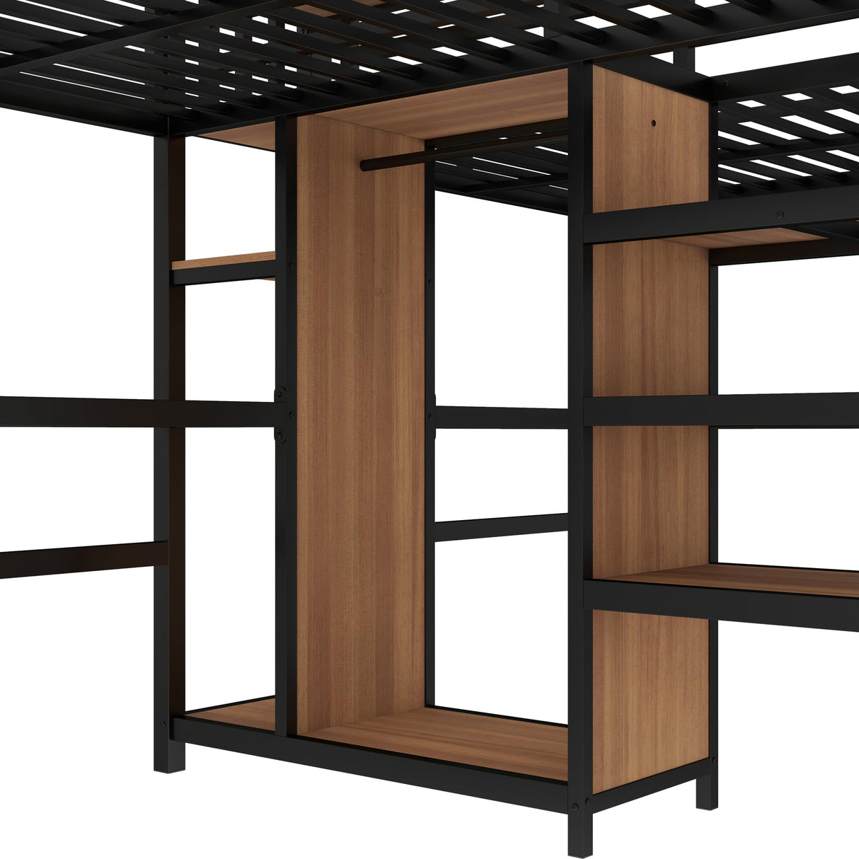 LUMISOL Loft Bed Twin Size with Desk, Metal Double Loft Bed Frame with Charging Station, Wardrobe & Storage Shelves, Noise Reduced, Black+Natural Wood LUMISOL