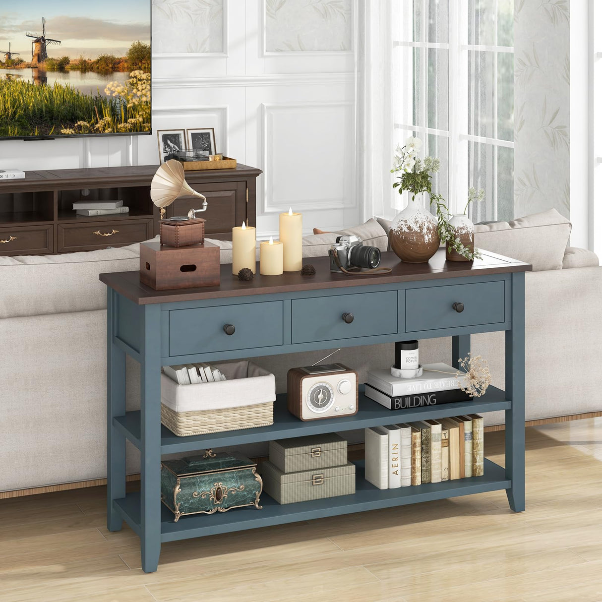 Giantex 50" Farmhouse Entryway Table, Narrow Console Table w/ 3 Storage Drawers & 2 Open Shelves, Wooden Behind Couch Side Table, Long Sofa Table for Living Room, Hallway, Entry Table, Blue & Espresso Giantex