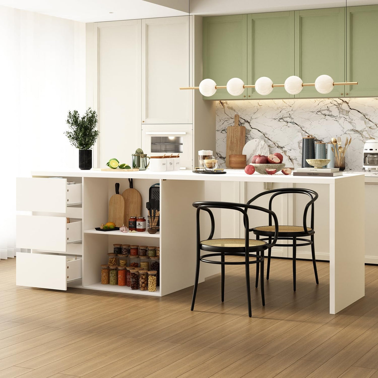 ECACAD 80.7" Kitchen Island with Storage, Wood Kitchen Prep Table White Stationery Storage Cabinet with 3 Drawers, Open Shelves & 2 Cabinets for Dining Room ECACAD