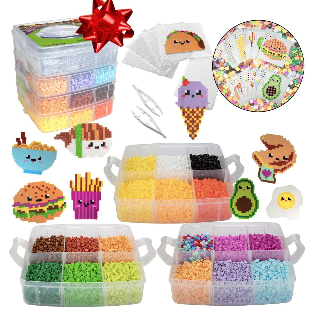 10,000pc DIY Fuse Bead Kit w Carrying Case - Fun Foods - 22 Colors, 12 Unique Templates, 4 Peg Boards, Tweezers, Ironing Paper, Case - Pixel Art Color by Numbers Craft Gift SCS Direct