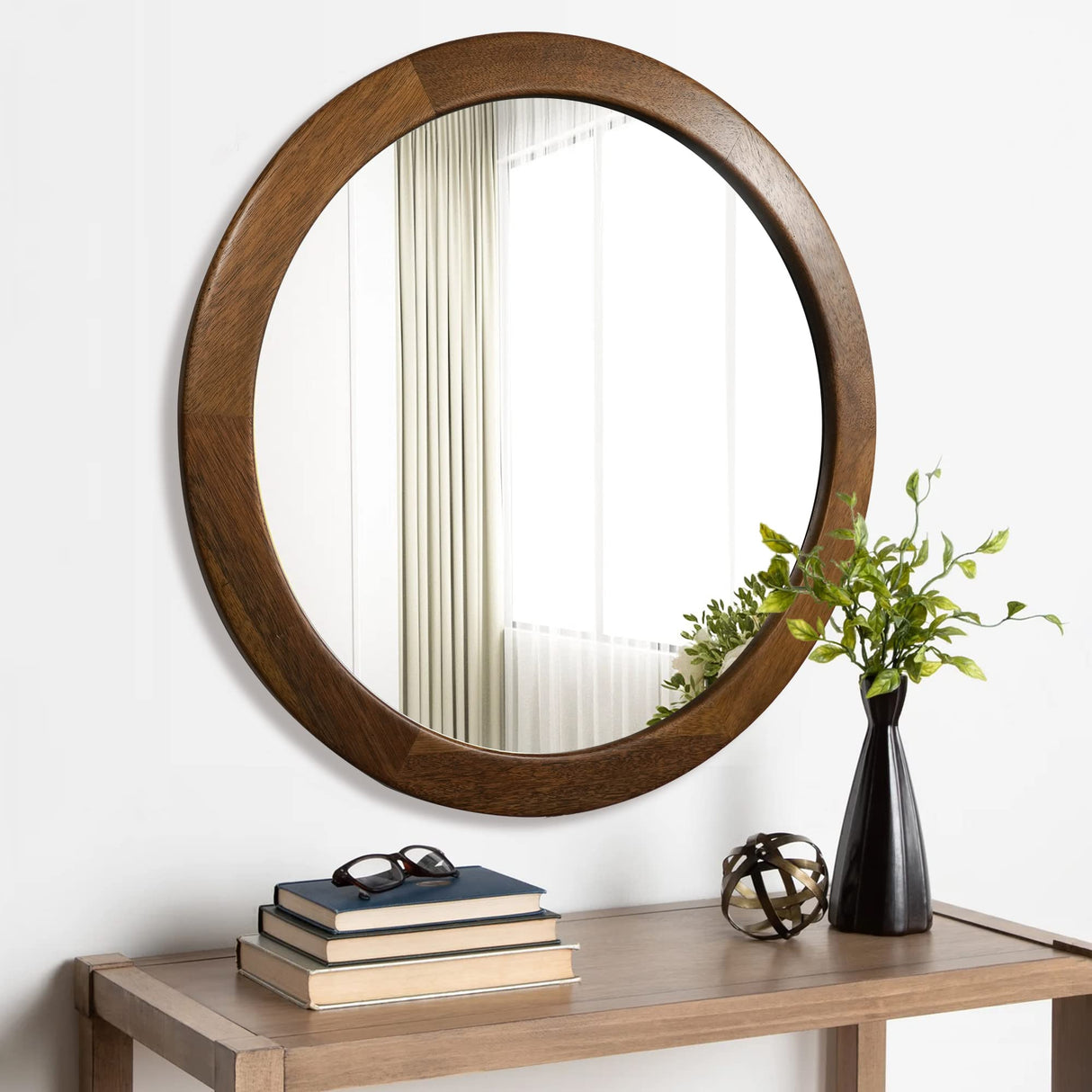 CULER Round Mirrors 30 Inch,Wood Vanity Wall Rustic Mirror with Walnut Frame, Wooden Mirror for Bathroom Bedroom Living Room Or Entryway(Walnut Brown) CULER