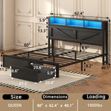 Incyneva Farmhouse Queen Bed Frame with Bookcase Storage Headboard, Charging Station, LED Light and 2 Storage Drawers, Noise Free, No Box Spring Needed, Black Incyneva