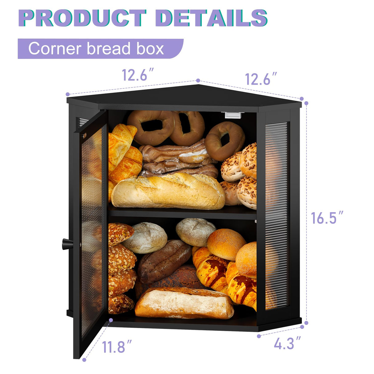 Wieghda Corner Bread box for Kitchen Countertop,Farmhouse Bread Box with Acrylic Wavy Door Panel,Large Bread box for kitchen countertop,Kitchen Countertop Food Storage Container (Black, Extra Large) Wieghda