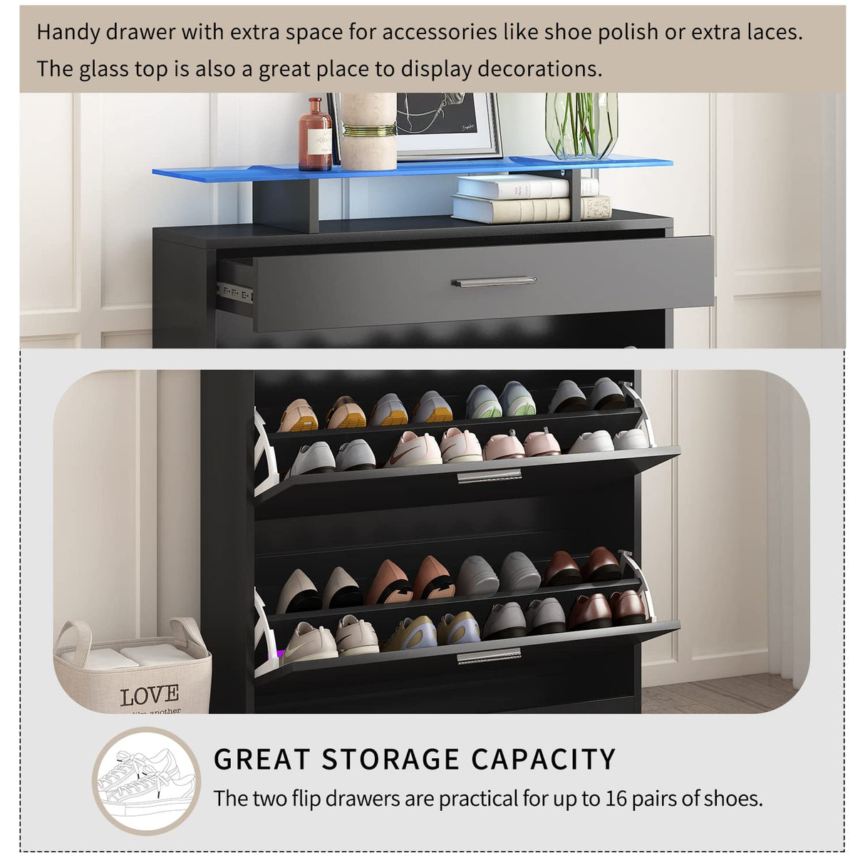 Slim Entryway Shoe Cabinet with 2 Flip Drawers, Modern Tempered Glass Top Shoe Storage Organizer with Drawer and Open Shelves, Free Standing Shoe Rack with LED Light for Hallway,Living Room,Black Goujxcy