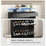 Slim Entryway Shoe Cabinet with 2 Flip Drawers, Modern Tempered Glass Top Shoe Storage Organizer with Drawer and Open Shelves, Free Standing Shoe Rack with LED Light for Hallway,Living Room,Black Goujxcy