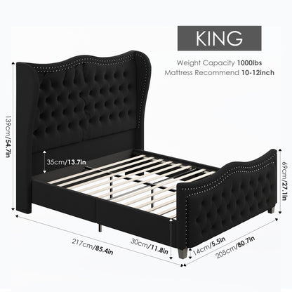 HOSTACK Luxe Velvet King Bed Frame with Tall Headboard and Button Tufting - No Box Spring Required, Sturdy Platform Design, Black - WoodArtSupply