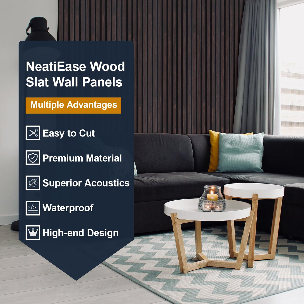 NeatiEase Wood Panels for Wall, 4-Piece 96" x 12.6" Soundproof Wood Slat Wall Panel for Interior Wall Decor Noise Cancelling, Wood Acoustic Wall Panels, Sound Absorbing Panel (Dark Walnut) NeatiEase