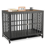 HIDOG 42'' Dog Crate Furniture, Wooden Dog Kennel with Lockable Wheels, Dog Crate End Table with Trays, Decorative Dog Kennel Indoor, Heavy Duty Dog Cage for Medium Large Dogs, Rustic Brown HIDOG