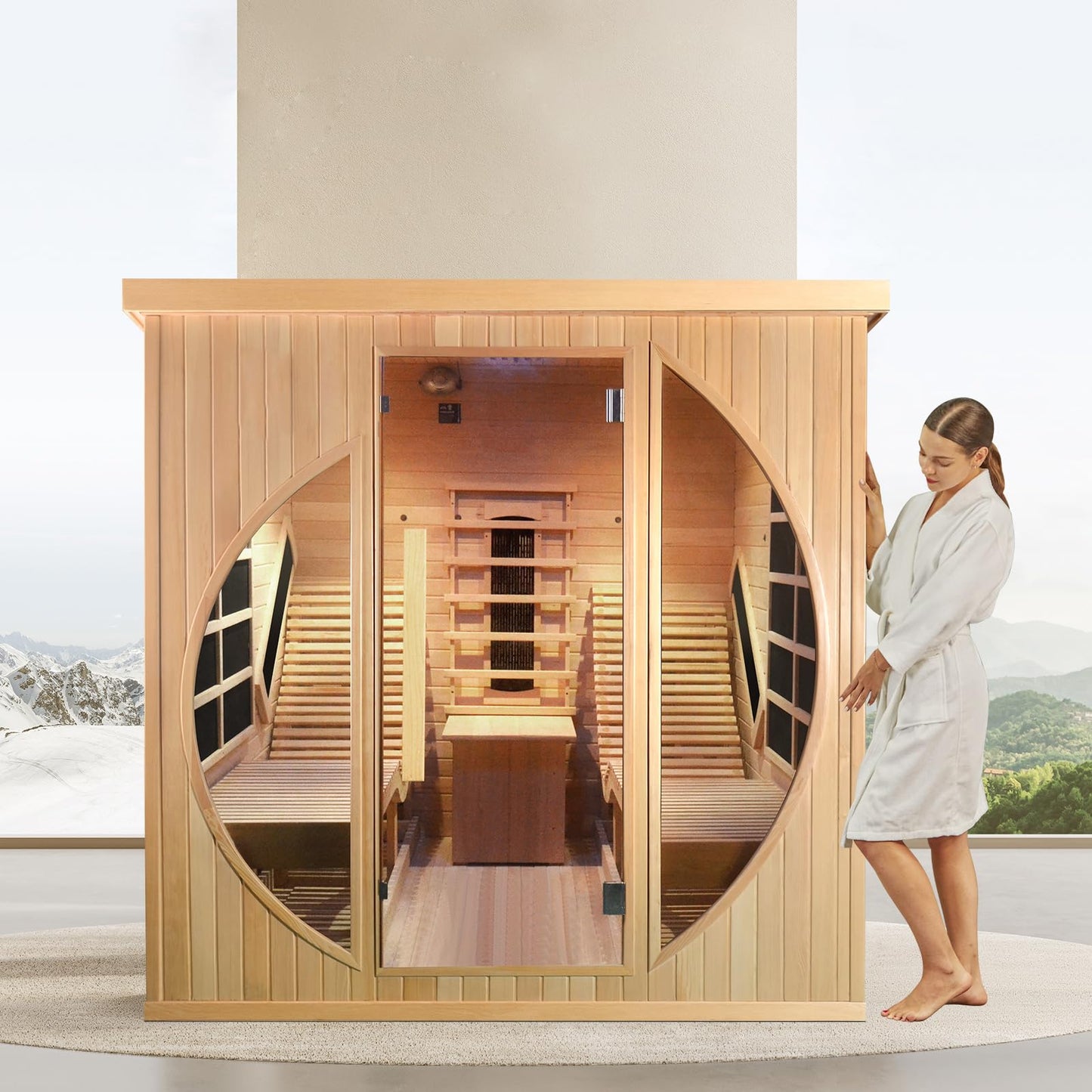 TaTalife Infrared 2 Person Wooden Sauna Room, Luxurious Sauna with Recliner, 3400W Dry Heat Sauna for Home, 9 Heating Panels, Bluetooth Speaker, 7Color Lights, Oxygen Bar, 220V(Canadian Hemlock)