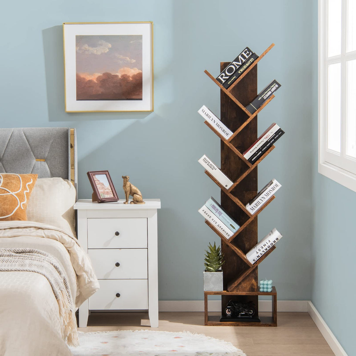 Tangkula 10 Tier Tree Bookshelf with Drawer, Floor Standing Storage Rack for CDs, Movies & Books, Display Utility Shelves for Bedroom, Living Room & Home Office (Rustic Brown, 10 Tier) Tangkula
