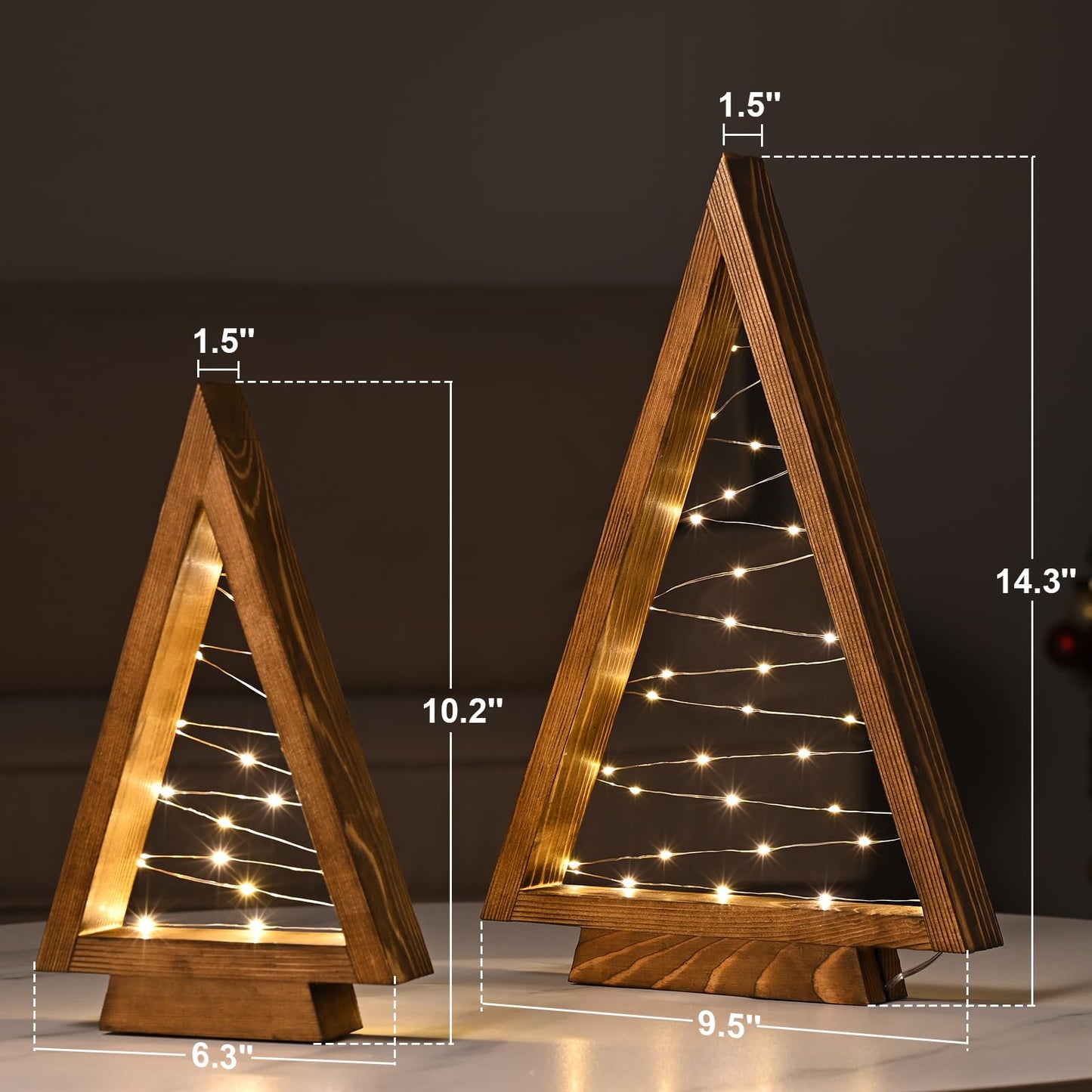 IBYO Wooden Christmas Tree Tabletop Christmas Tree with Lights Modern Farmhouse Christmas Decor Small Christmas Tree Mantle Christmas Decorations Holiday Decor Set of 2 (Large 14.3" Medium 10.2")