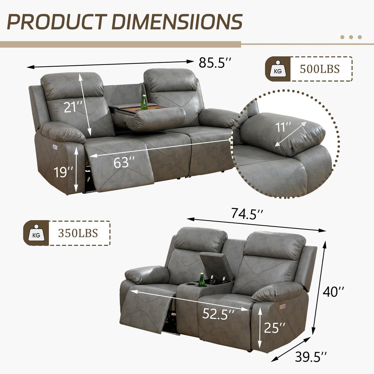 Leather Power Recliner Sofa Set with LED, Reclining Living Room Set, Power Recliner Couch and Loveseat with USB Port/Cup Holder/Storage (Leather Sofa and Loveseat, Light Grey) Plithzy