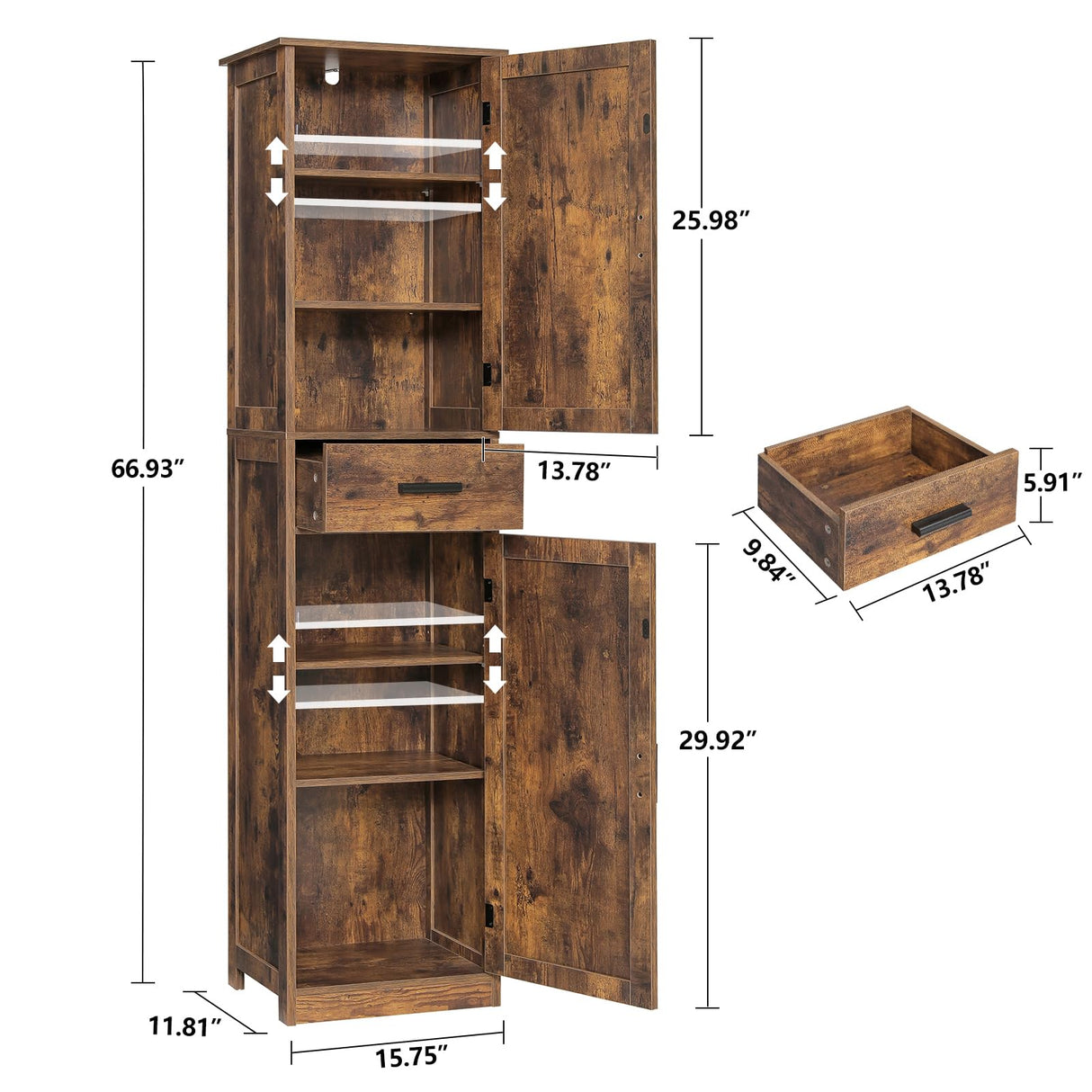 Usikey 67" Rustic Brown Tall Storage Cabinet with Adjustable Shelves & 2 Doors usikey