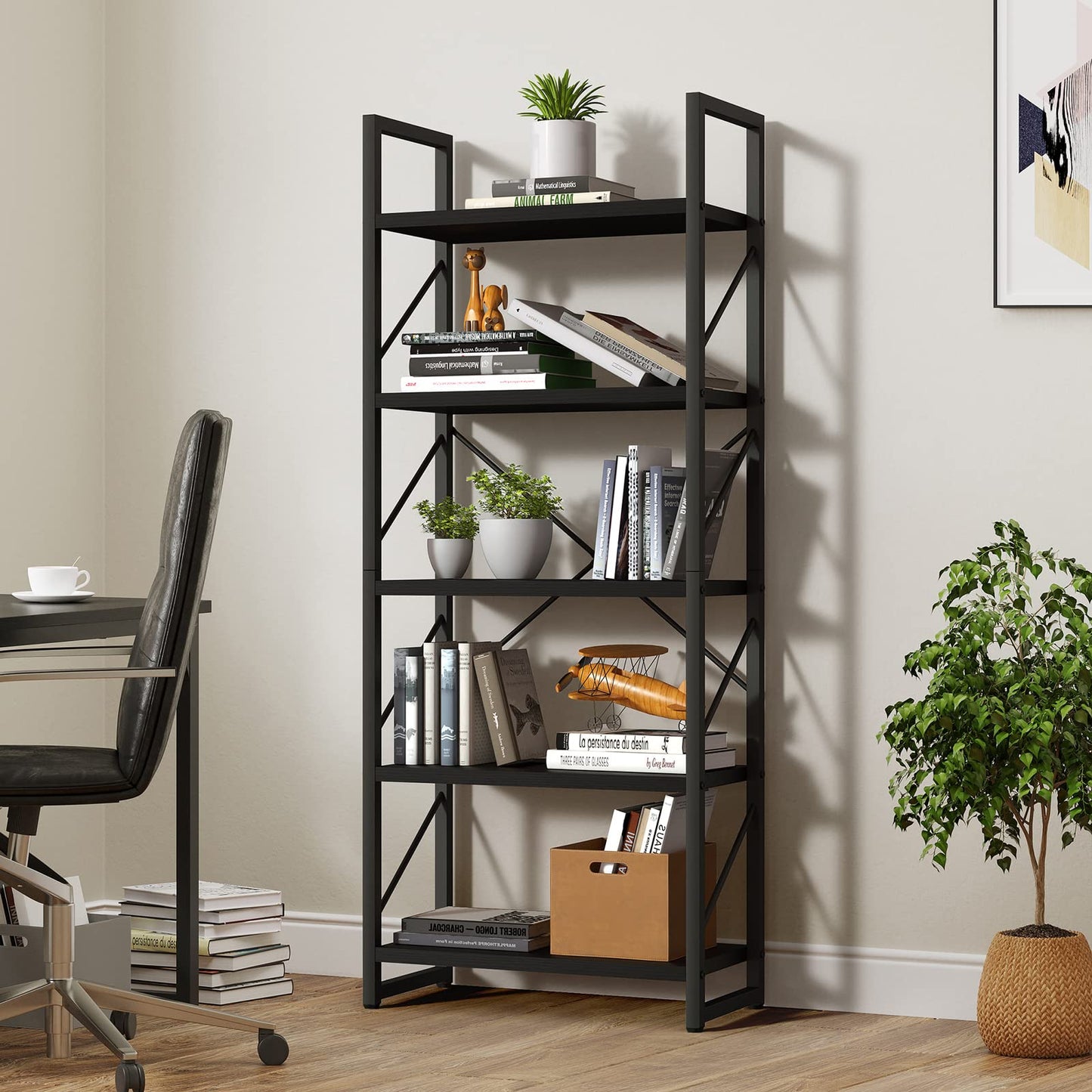 YITAHOME 5 Tiers Bookshelf, Artsy Modern Bookcase, Book Rack, Storage Rack Shelves Books Holder Organizer for Books/Movies in Living Room/Home/Office - Black