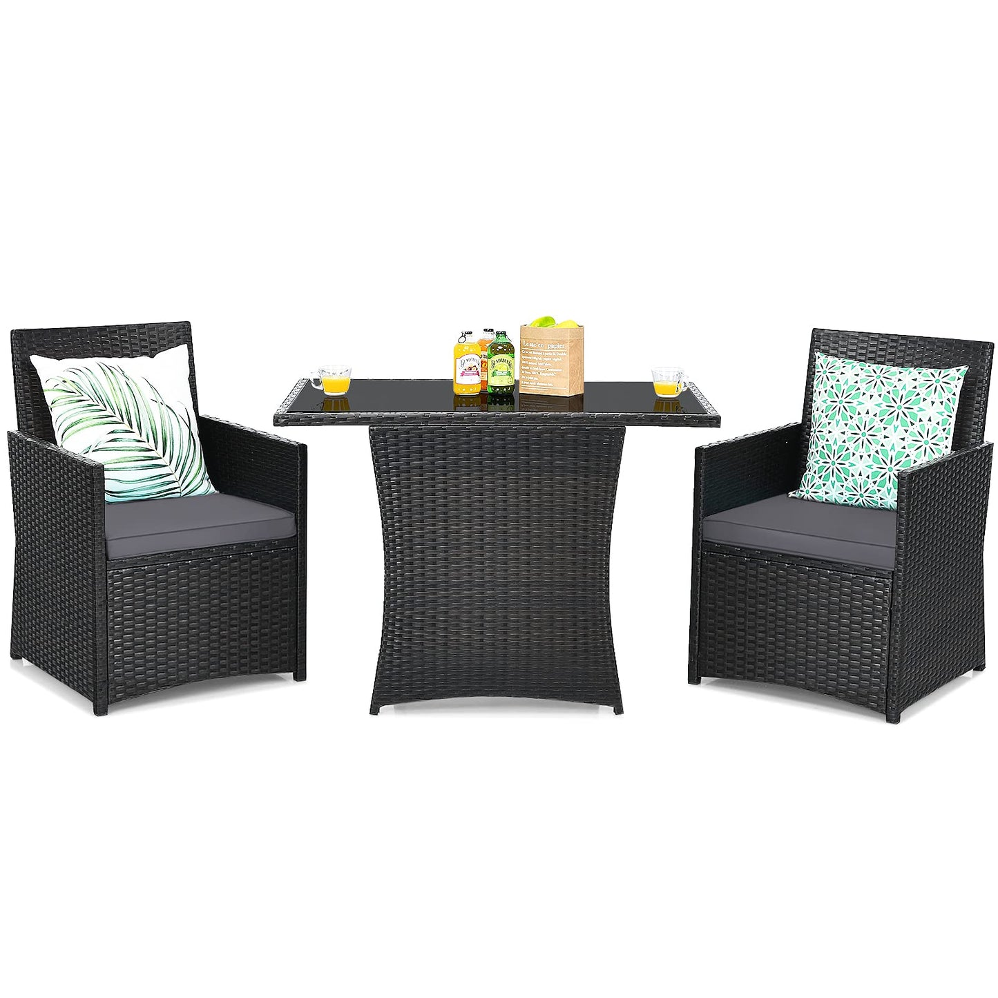 COSTWAY 3PCS Patio Rattan Furniture Set Cushion Sofa Armrest Garden Deck Gray - WoodArtSupply