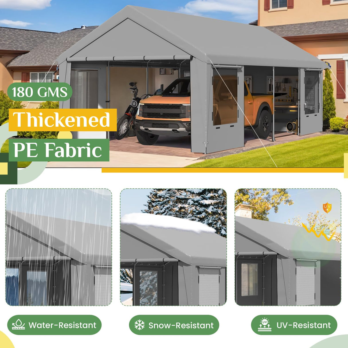 EROMMY 12' x 24' Heavy Duty Carport，Portable Garage with UV Protection & Steel Frame, Car Port with Removable Sidewalls, All-Season Car Canopy for Tractor, Truck, Boat, Outer Gray and Inner White EROMMY