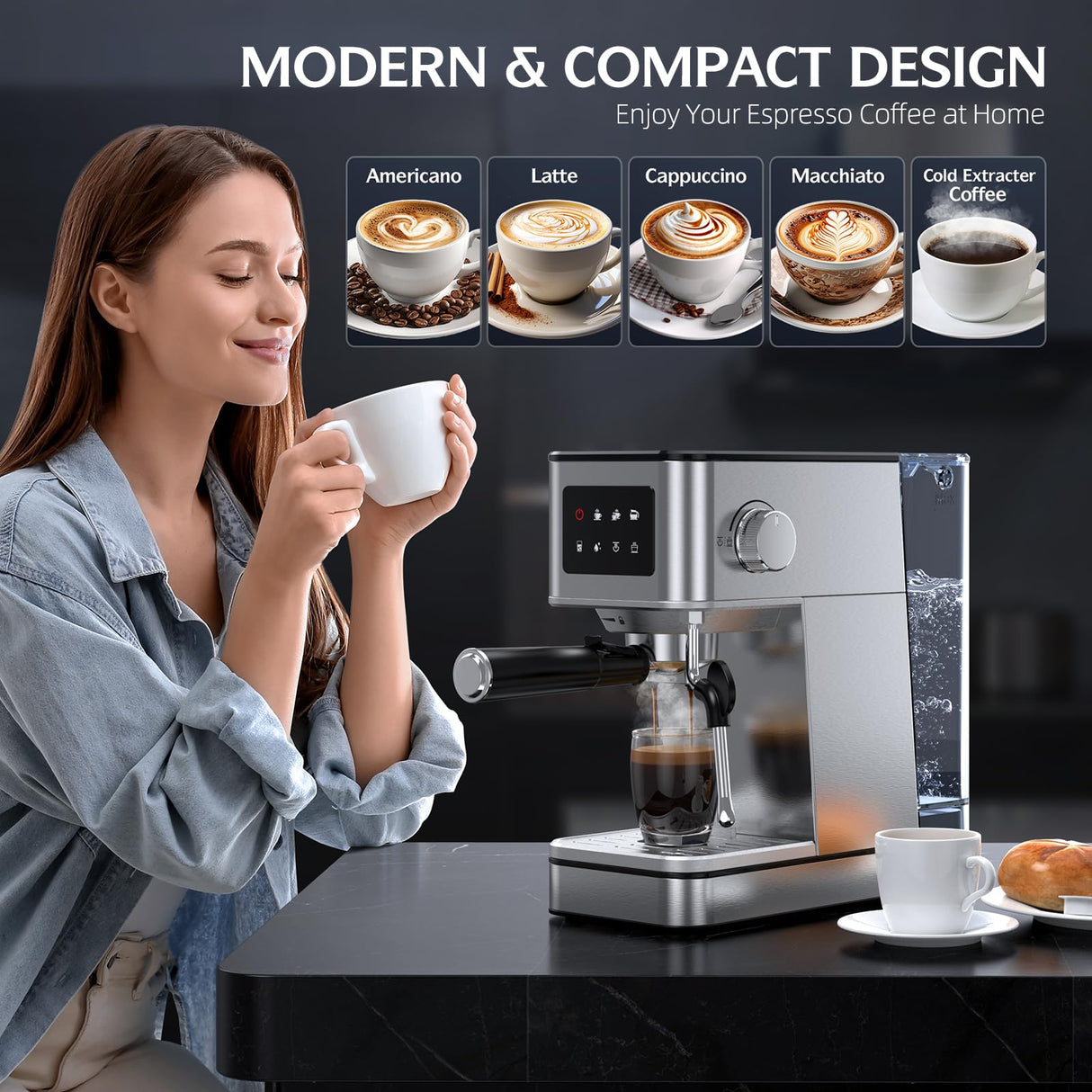 QJA Espresso Machine, 20 Bar Professional Espresso Maker, Milk Frother Steam Wand for Latte, Compact Stainless Steel Machine with 57.5oz Removable Water Tank and LED Touchscreen Monitors QJA
