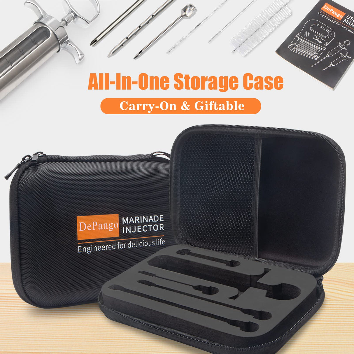 DePango Meat Injector, Stainless Steel Marinade Injector Flavor Syringe Kit with 2-oz Measurement Window for Smoker Food BBQ Grill, Cooking Turkey Chicken Steak Beef Brisket Pork-Chops, 3 Meat Needles DePango