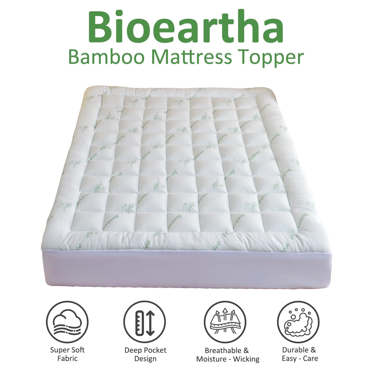 Bioeartha Cooling Mattress Topper Full – Extra Soft Pillow Top Mattress Pad, Breathable Viscose Made from Bamboo Mattress Protector for Back Pain Relief, Deep Pocket Cover Fits 8–21 Inch Bioeartha
