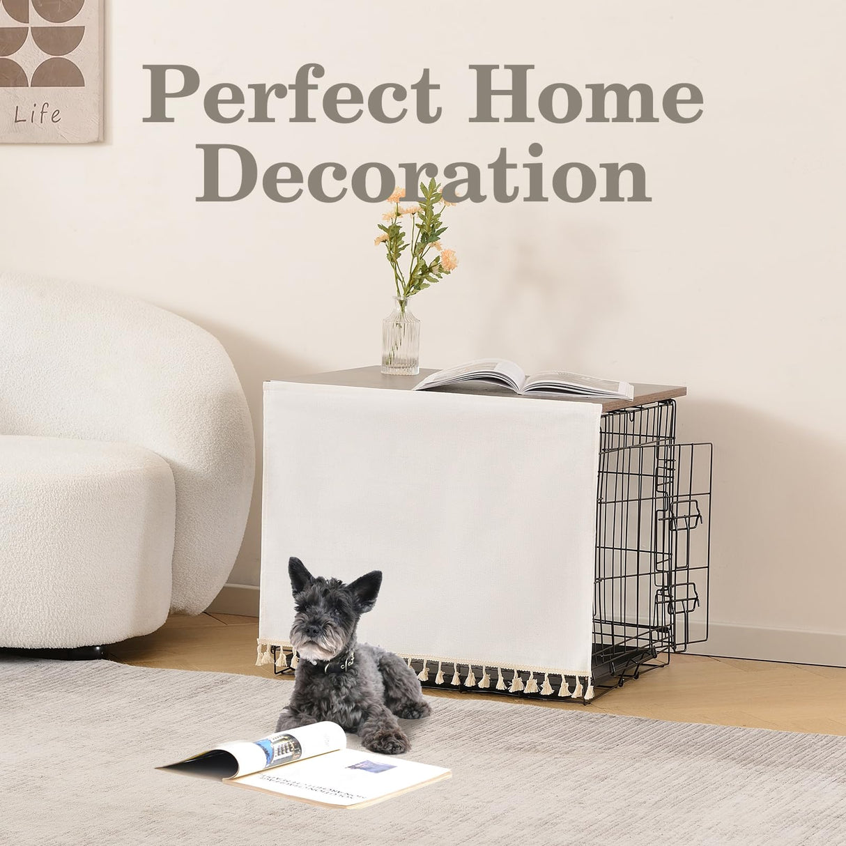 VIE DE AMAN Dog Crate Topper Wood for 24 30 36 42 48 inch Cages, Dog Crate Table Topper Foldable Dog Kennel Topper with Tassel Curtain, Rustic Style Top Rustic Brown(Crate Not Include) VIE DE AMAN