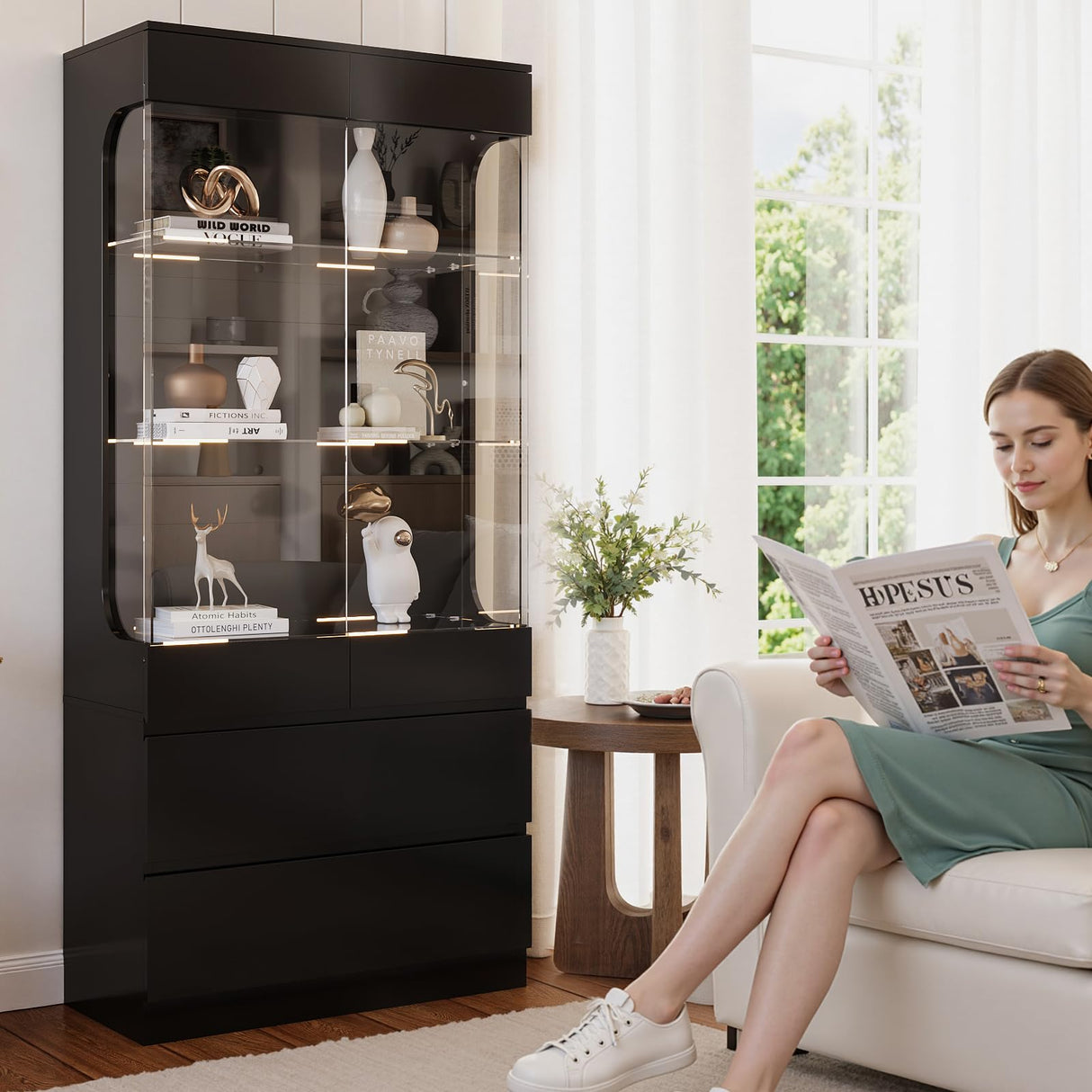 MEISSALIVVE Display Cabinet with Glass Doors, 3-Tier Display Case with 2 Drawers, 70.87''H Curio Cabinet with 7 Color Led Lights for Collectibles, High Gloss, Black MEISSALIVVE