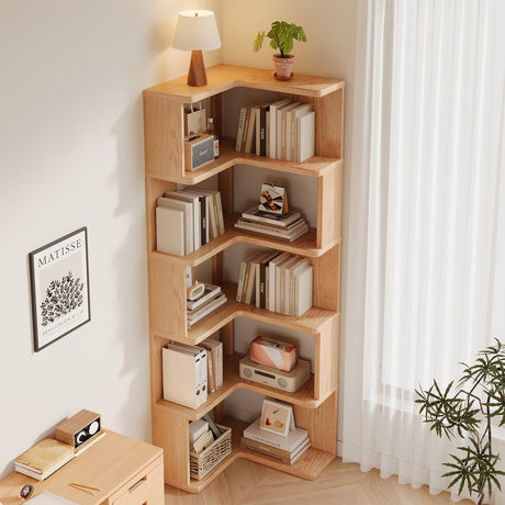 2, 3, 4, 5 Tier Corner Bookshelf, Wood Small Bookcase with Open Shelf Units, Natural Oak Modern Mid Century Corner Book Shelf for Bedroom, Living Room, Home Office, Natural (5-Shelf) Generic