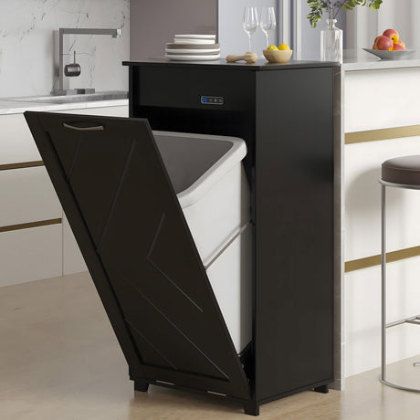 VECELO Tilt Out Kitchen Trash Bin Cabinet, Dog Proof Garbage Can with Wood Holder Free Standing Recycling, Black VECELO
