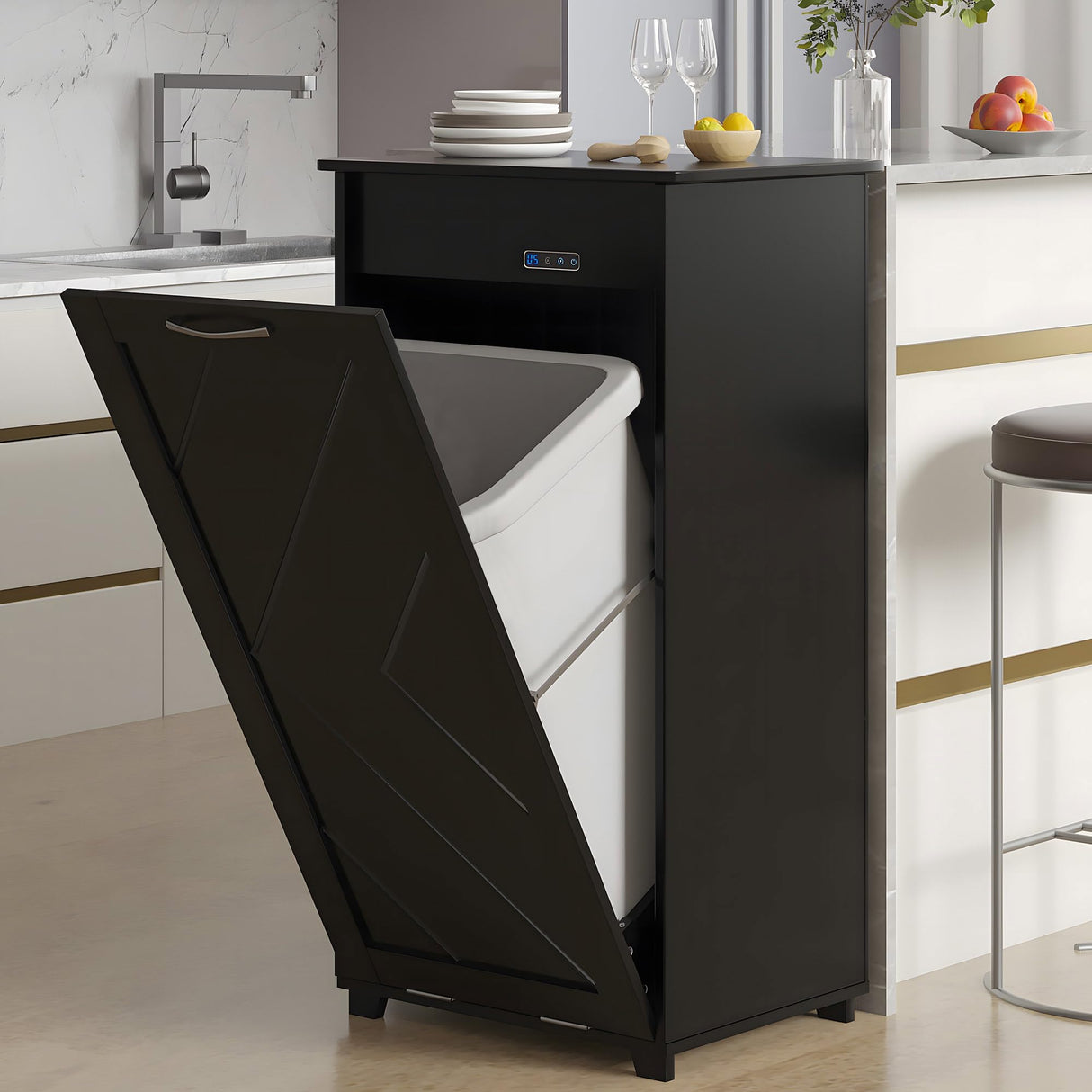 VECELO Tilt Out Kitchen Trash Bin Cabinet, Dog Proof Garbage Can with Wood Holder Free Standing Recycling, Black VECELO