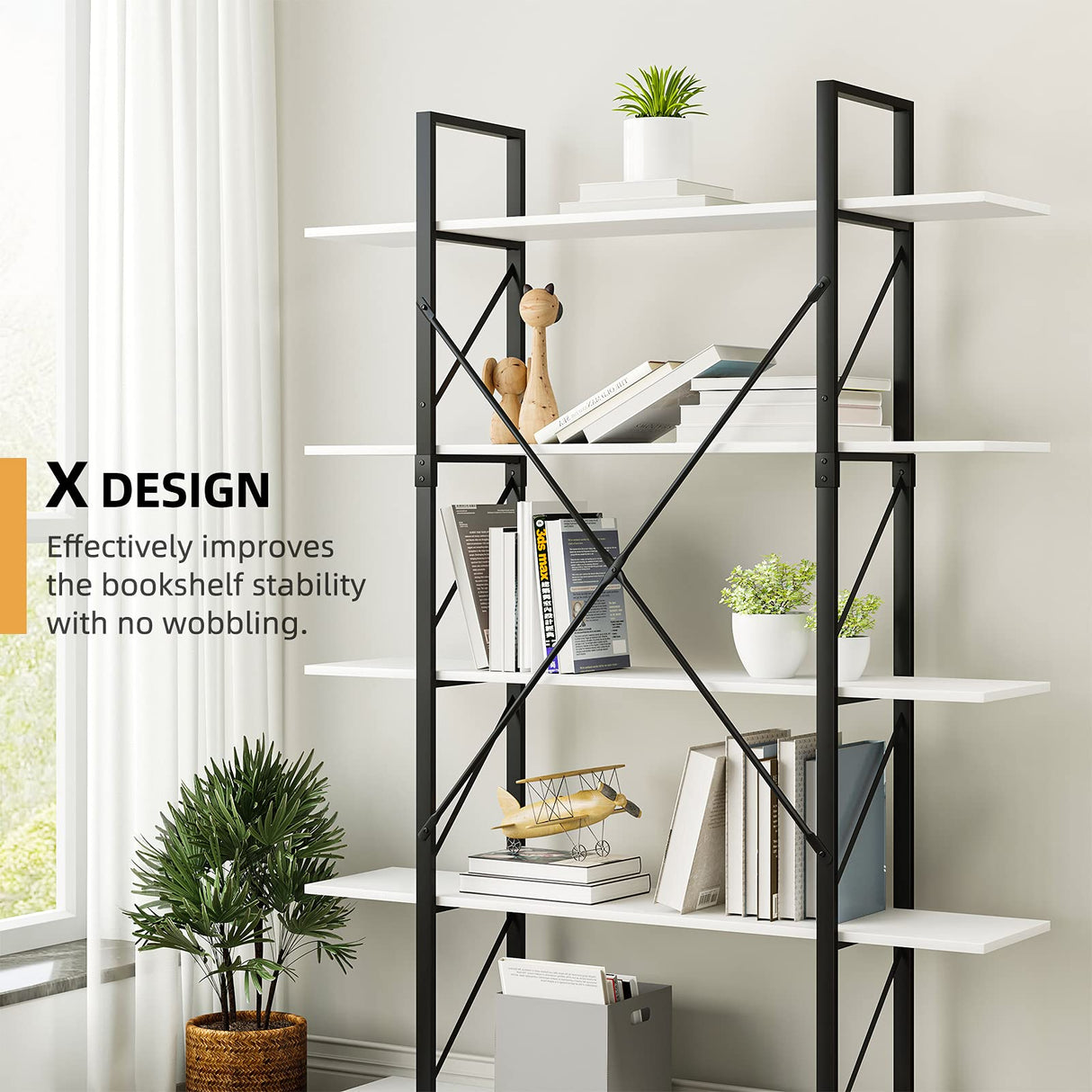 YITAHOME Industrial 5-Tier Bookshelf - Large Freestanding White Storage Unit with Sturdy Metal Frame YITAHOME
