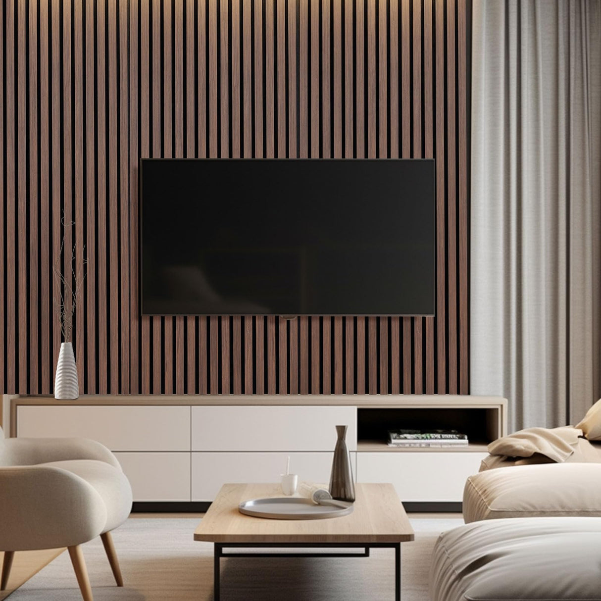 DOLLAR BOSS Wood Slat Acoustic Panels for Wall, 46.5" x 23.6" 2Pcs Soundproof Absorbing Wall Panel with Wood Finish 3D Fluted, Ebony DOLLAR BOSS