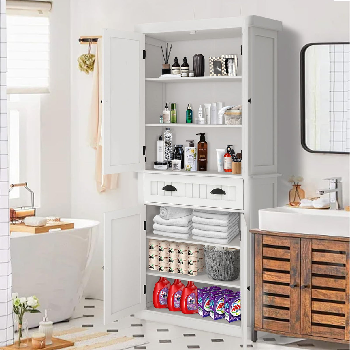 Elegant White Freestanding Kitchen Pantry Cabinet with Adjustable Shelves and Drawer GOAWGO